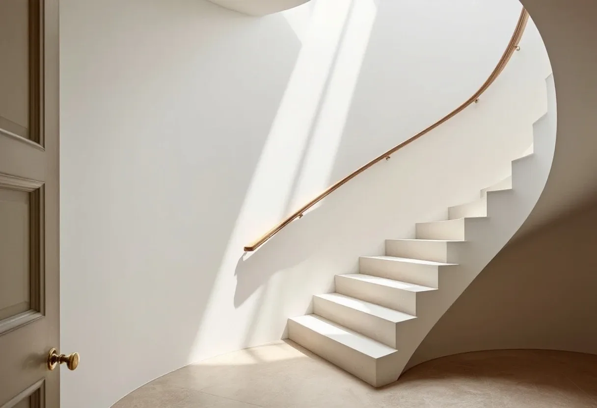 Top-lit curving stone stair rising through a white plastered hall at Ashcombe House