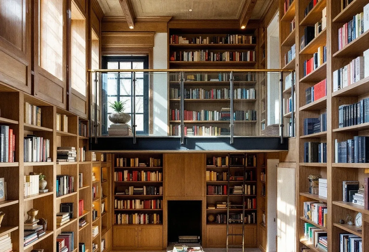 Double-height oak library with a slim steel mezzanine inside Cadogan Mews