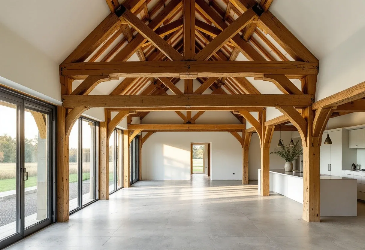 Interior of a converted timber-framed barn with exposed oak trusses and a wall of glazing to a meadow