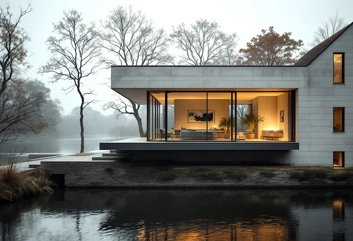 Riverside house in board-marked concrete cantilevered over still water at Marlow