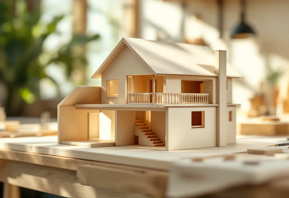A hand-built architectural model in card and timber on a workbench